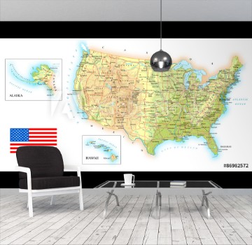 Picture of USA detailed topographic map illustration Map contains topographic contours country and land names cities water objects flag roads- railways
